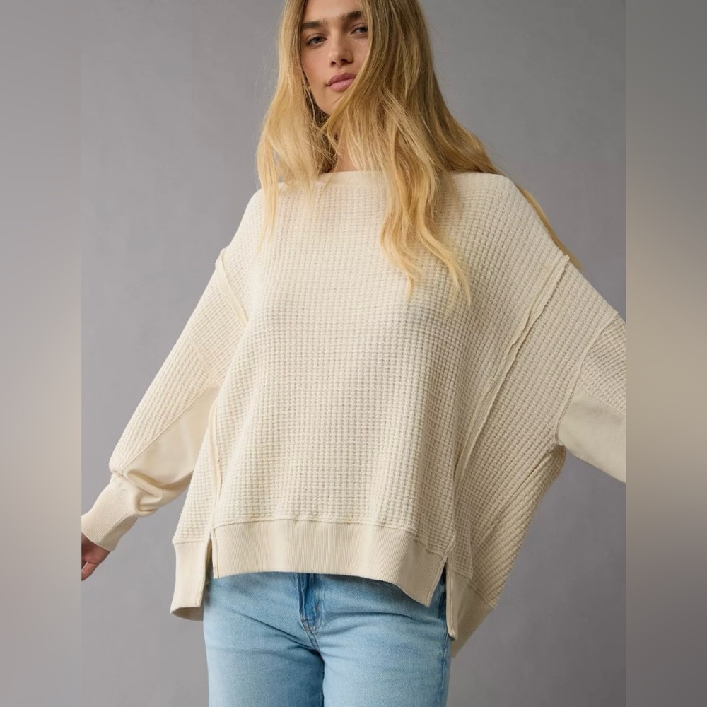 AE Big Hug Waffle Crew Neck Sweatshirt in Cappuccino Women’s Tops American Eagle